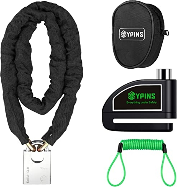 EYPINS Motorrad Bremsscheibenschloss + Kettenschloss, Alarm Scheibenschloss 110dB mit 1.2m 7mm Erinnerungskabel + 1.2m Vierkantkette Sirene…